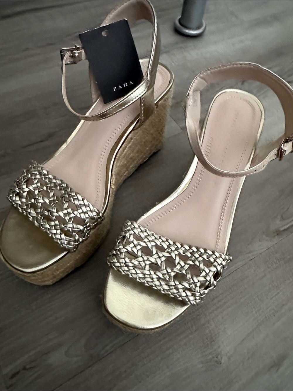 Zara Metallic Gold Woven Espadrille Wedge Sandals